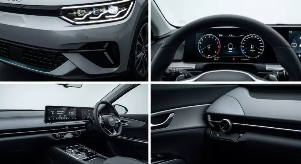 Close-ups of Kia EV4’s front fascia, LED headlights, digital cluster, and minimalist interior, studio lighting.
