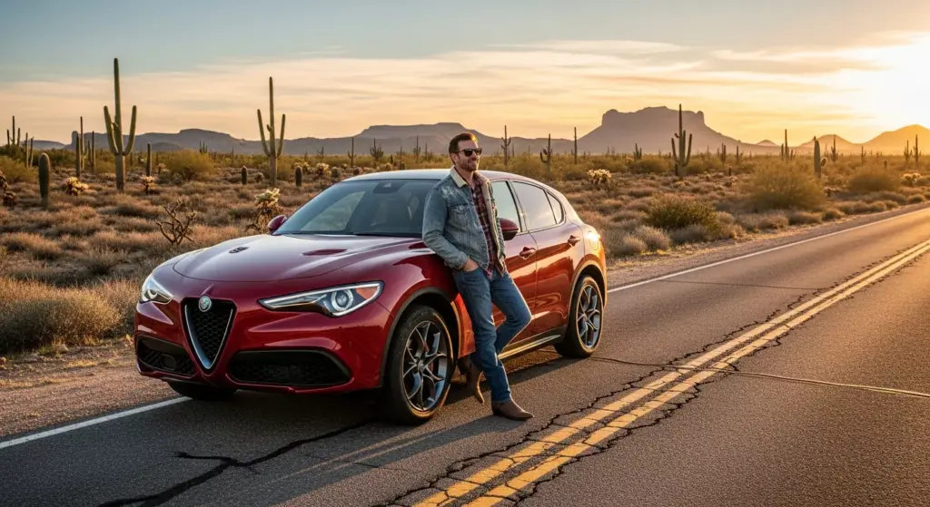 Driver with 2026 Alfa Romeo Stelvio parked on Route 66, desert background, sunset, casual American lifestyle mood