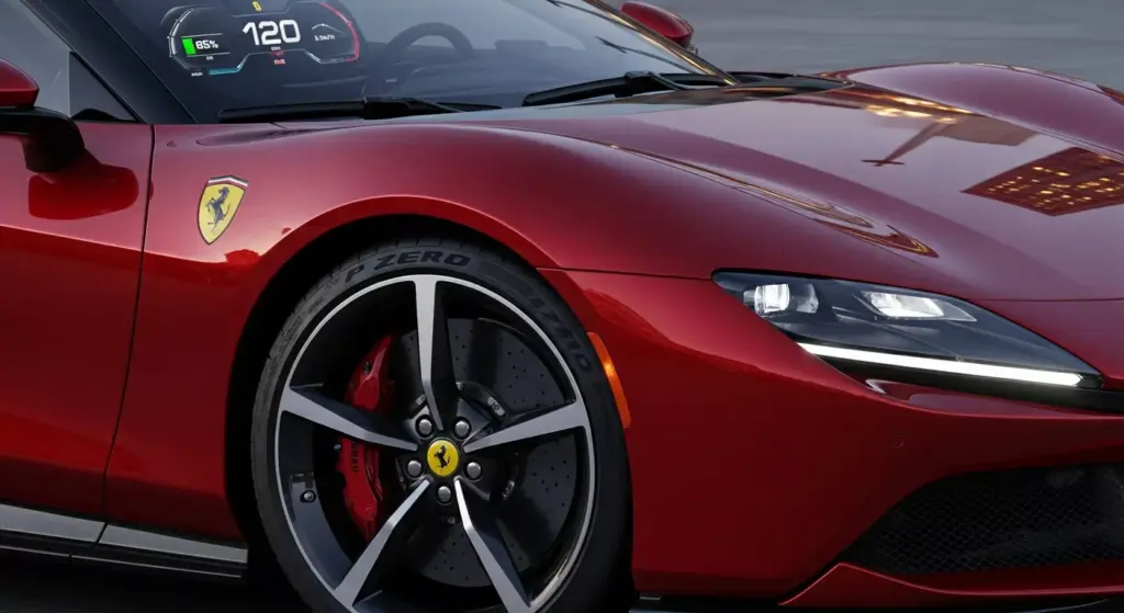 Ferrari Elettrica close-up exterior, instrument cluster, sleek body lines, aerodynamic rims, premium lighting design.