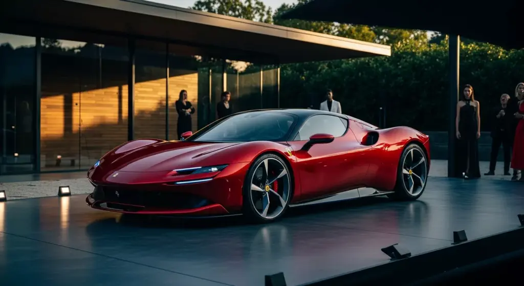 Ferrari Elettrica in situ, stylish outdoor showcase, trending launch photo.