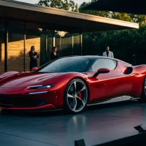 Ferrari Elettrica in situ, stylish outdoor showcase, trending launch photo.