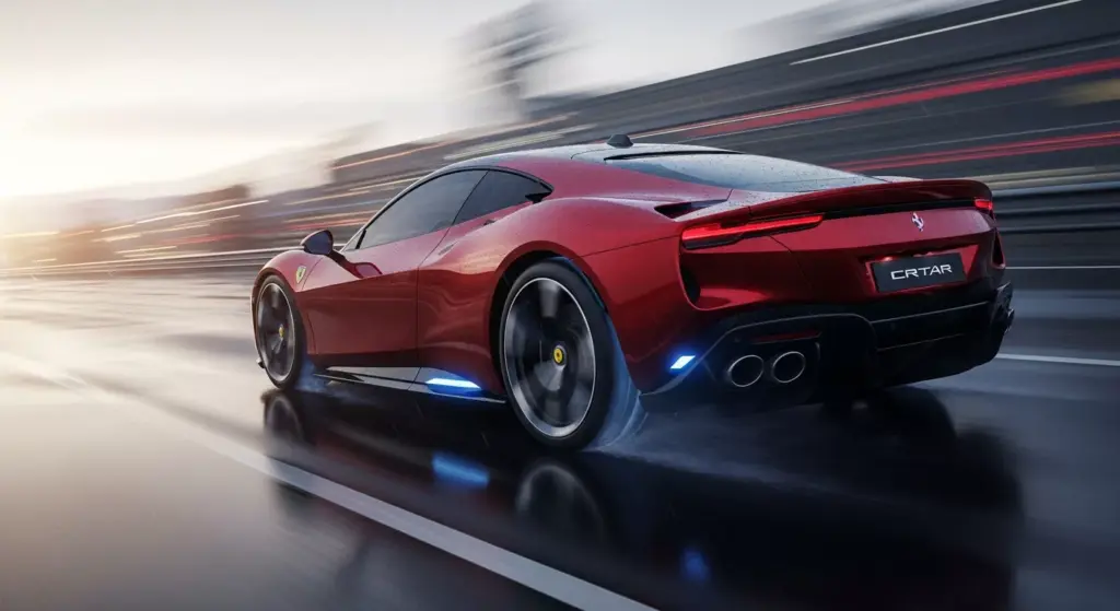 Ferrari Elettrica performance action shot on highway, showcasing torque, acceleration, quad-motor power.