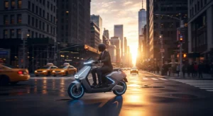 Futuristic electric scooter cruising through downtown New York at sunrise