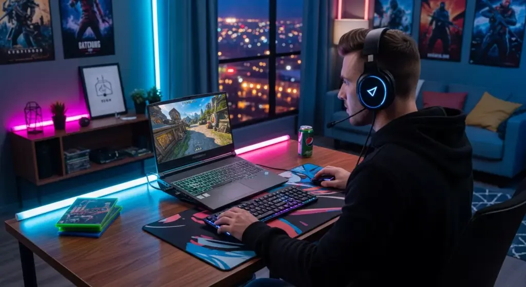 Gamer using Thunderobot Zero 18 Pro 5090 in a US apartment, neon lighting, gaming posters