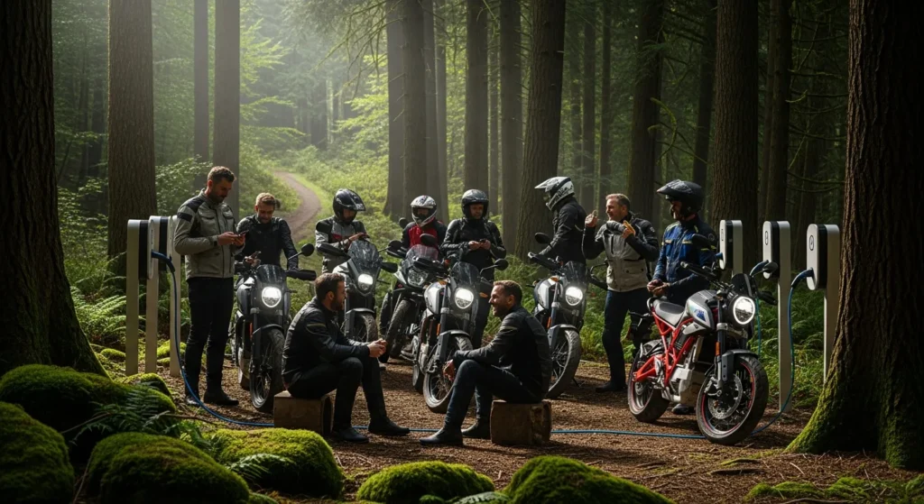 Group of riders resting beside their bikes at a charging stop in the woods