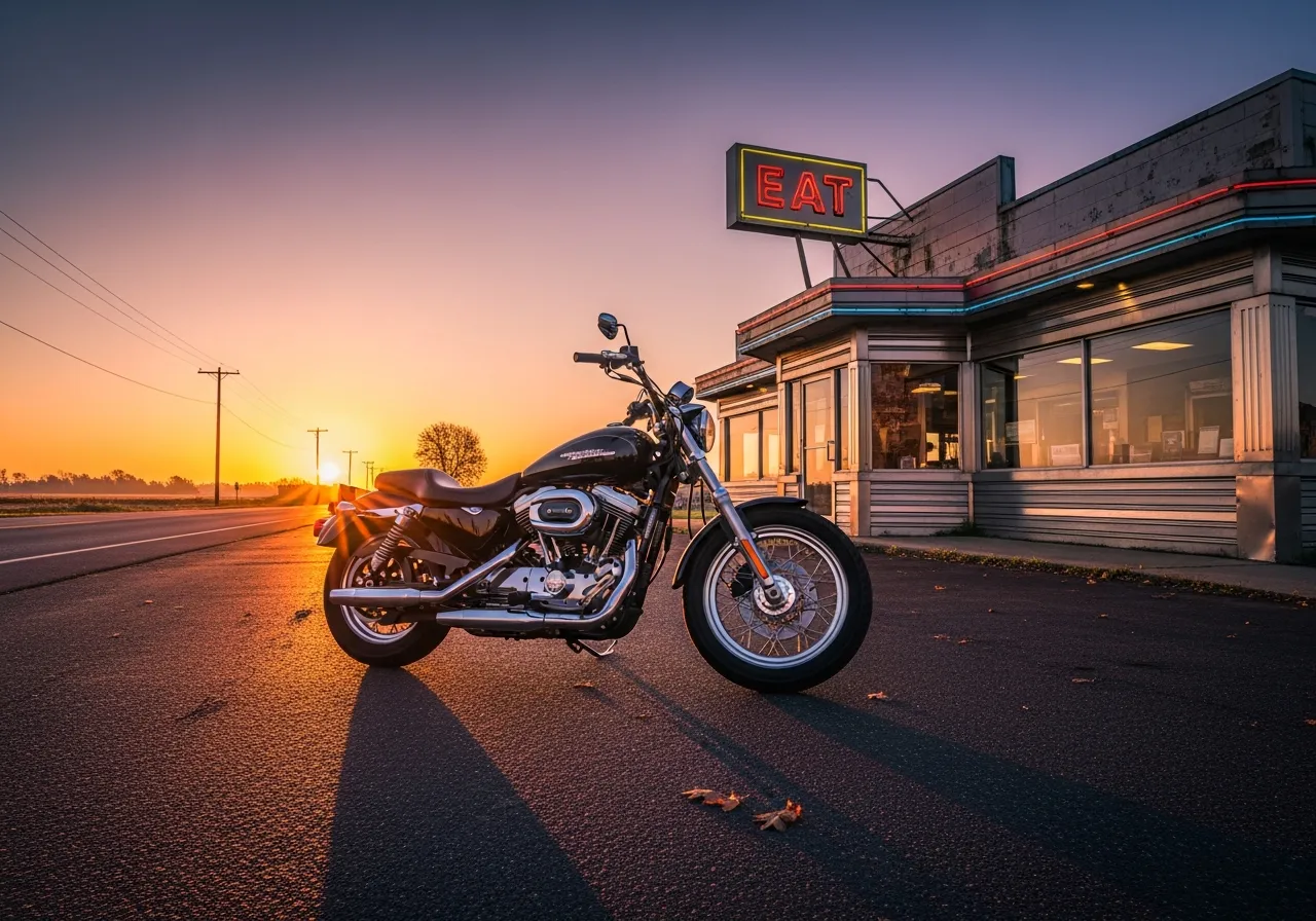 Harley-Davidson motorcycle parked outside a small-town USA diner at sunrise