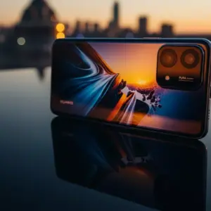 Huawei Pura 80 Pro smartphone displayed outdoors on a reflective black surface with sunset lighting
