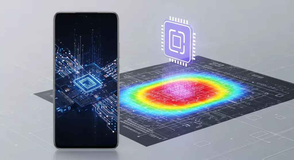 Huawei Pura 80 series smartphone next to a heatmap graphic and glowing processor icon