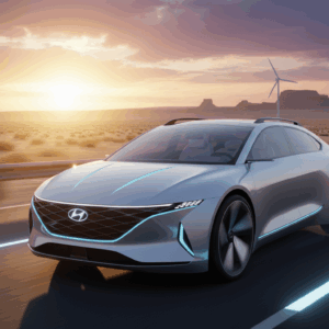 Hyundai ELEXIO electric SUV parked in a modern U.S. city street during golden hour