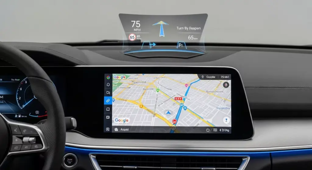Interior Tech Shot infotainment screen with Google Maps and driver HUD displayed
