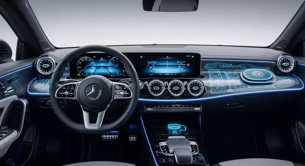 Interior cockpit of the 2026 Mercedes-Benz CLA EQ Technology, wide MBUX display, futuristic digital instrument cluster