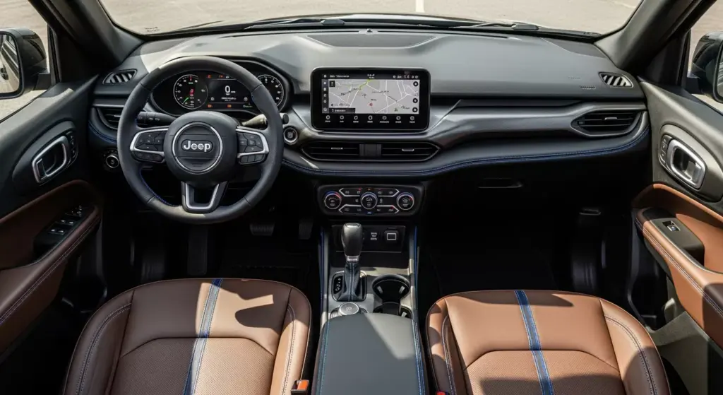 Jeep Recon EV interior cabin, premium rugged design, wide touchscreen infotainment system