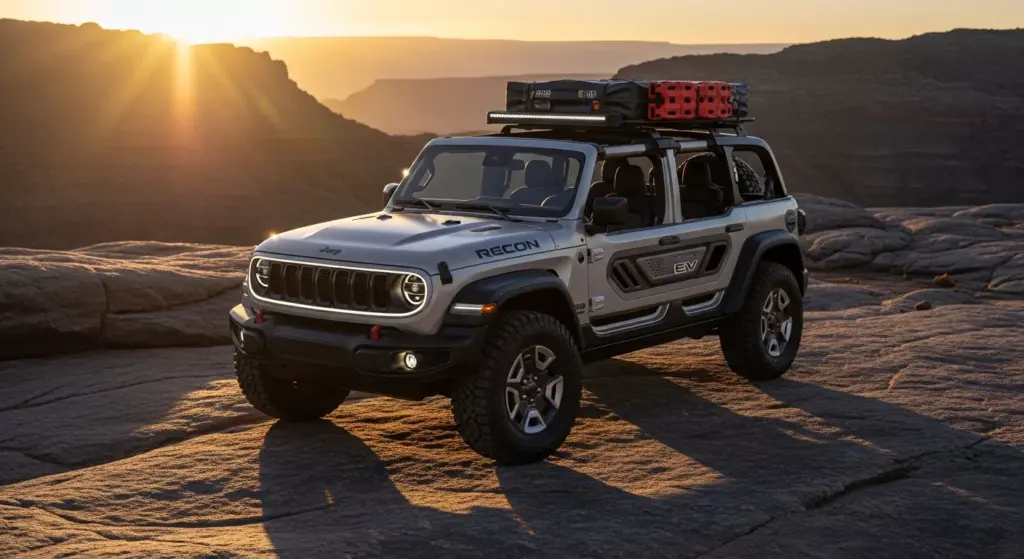 Jeep Recon EV, rugged electric SUV parked on a rocky terrain at sunrise, open-air design with removable doors, signature Jeep grille with futuristic LED lighting
