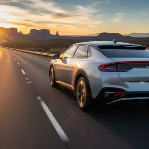 Kia EV4 2026 electric sedan on a scenic U.S. highway at sunset, glossy metallic silver paint, motion blur, cinematic composition.