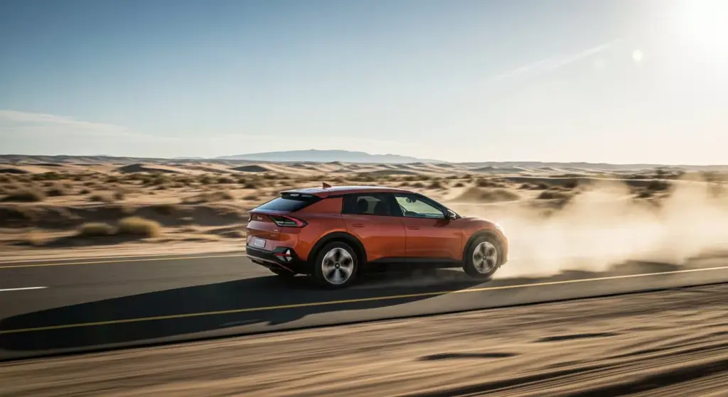 Kia EV4 in motion on desert highway, dust trail behind, dynamic angle, bright sky, lens flare.