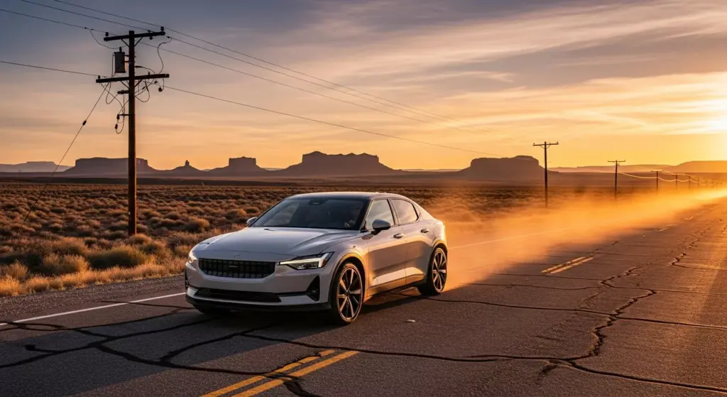 Lifestyle Scene Polestar 5 cruising on Route 66 during golden hour