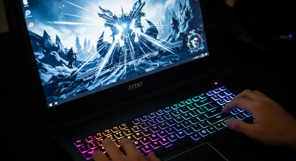 MSI Titan 18 HX AI running a high-intensity 3D game scene, dramatic lighting from screen, gamer hands on RGB keyboard