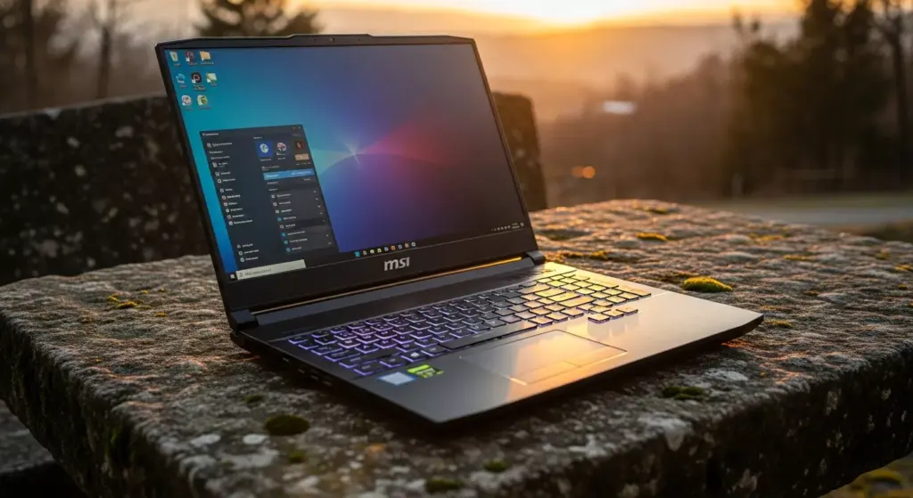 “MSI Titan 18 HX AI showcased outdoors on a stone table, soft sunset lighting