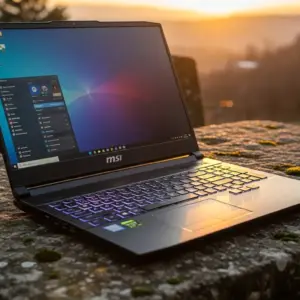 “MSI Titan 18 HX AI showcased outdoors on a stone table, soft sunset lighting