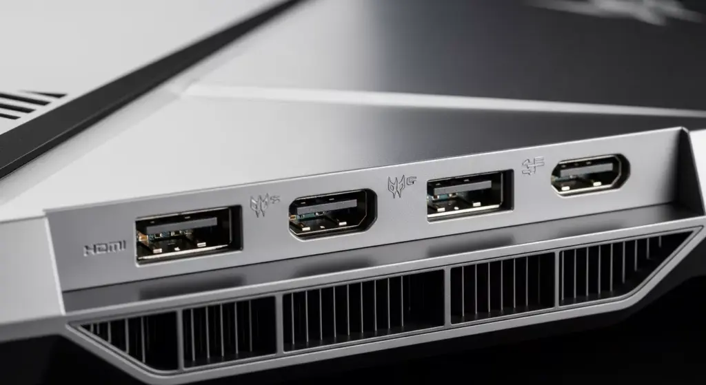 Macro close-up of Acer Predator Helios 18P AI ports and rear exhaust, sharp metallic reflections