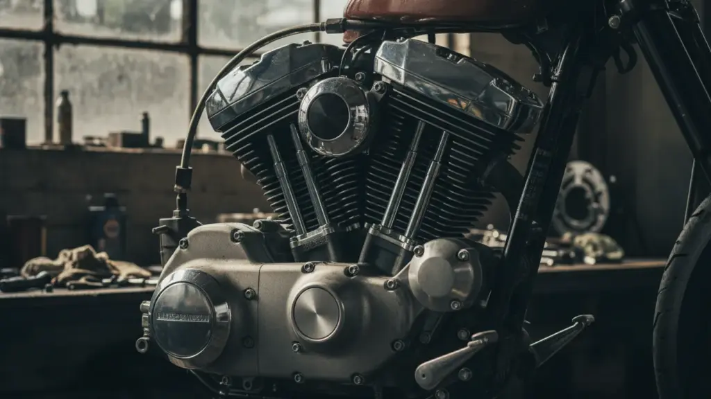 Macro editorial close-up shot of Harley-Davidson X440 engine