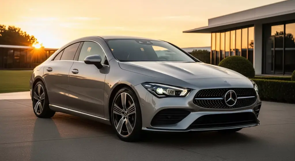 Mercedes-Benz CLA (3rd Generation) with EQ Technology, electric compact luxury sedan, showcased outdoors at sunset.