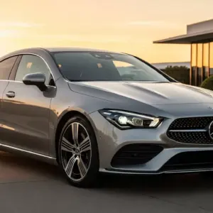Mercedes-Benz CLA (3rd Generation) with EQ Technology, electric compact luxury sedan, showcased outdoors at sunset.
