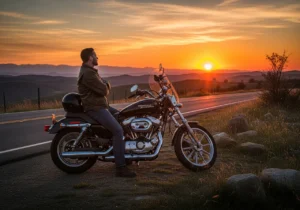 Motorcycle rider relaxing beside Harley X440 near a sunset road
