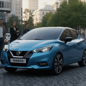 2025 Nissan Micra EV parked outdoors in bright daylight, showcasing new electric hatch design.