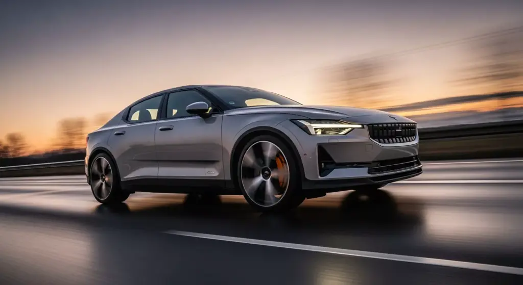 Performance Action Shot Polestar 5 accelerating on a highway, motion blur, dynamic lighting