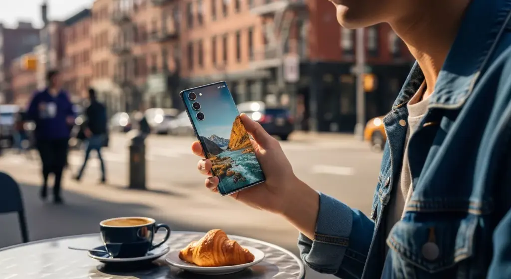 Person holding Samsung Galaxy S25 Edge outdoors in urban USA setting