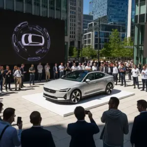 Polestar 5 in a modern city plaza under sunlight, launch event setting, people admiring the car