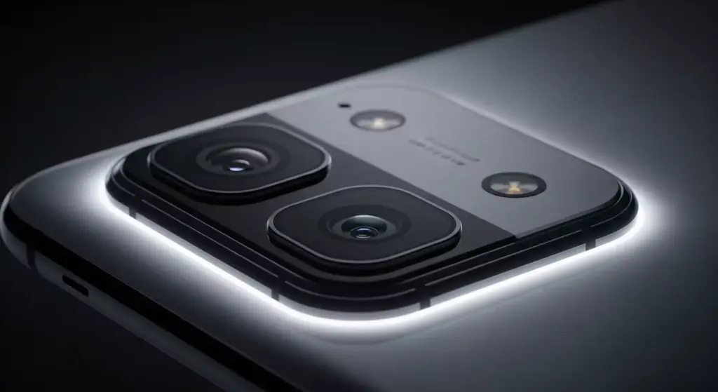 Professional smartphone photography scene showing the Fairphone 6 camera module in sharp focus, soft backlighting.
