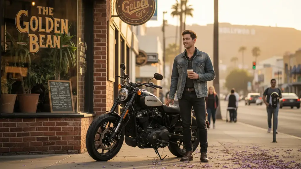 Realistic lifestyle photo of a rider standing next to a Harley-Davidson X440 parked near a coffee shop in Los Angeles