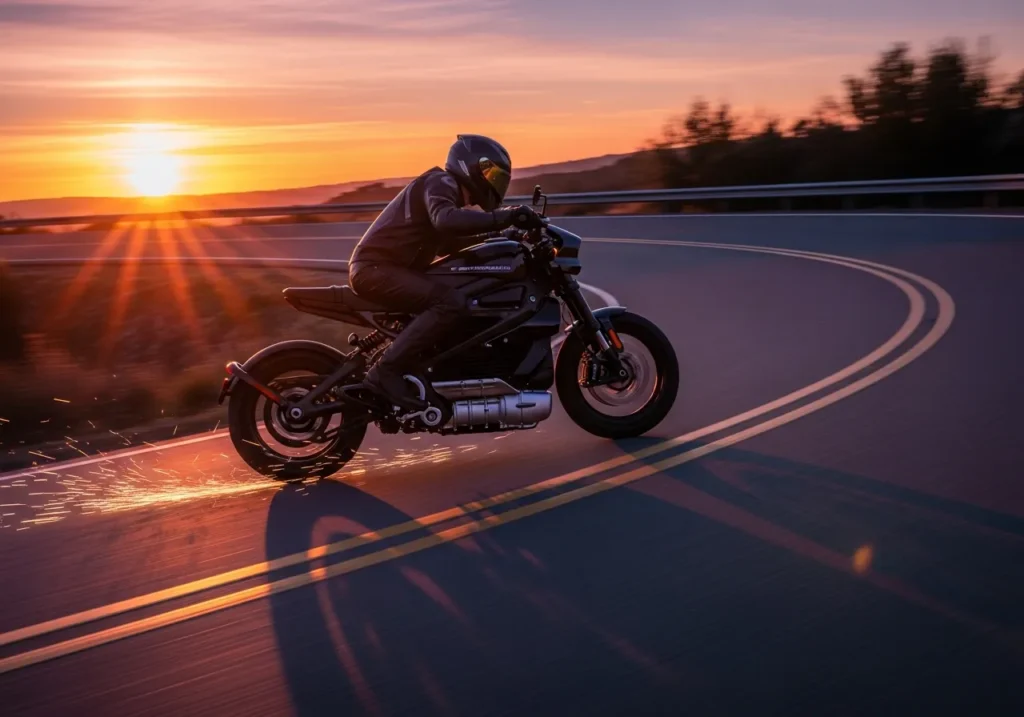 Rider carving a curve on a Harley-Davidson LiveWire
