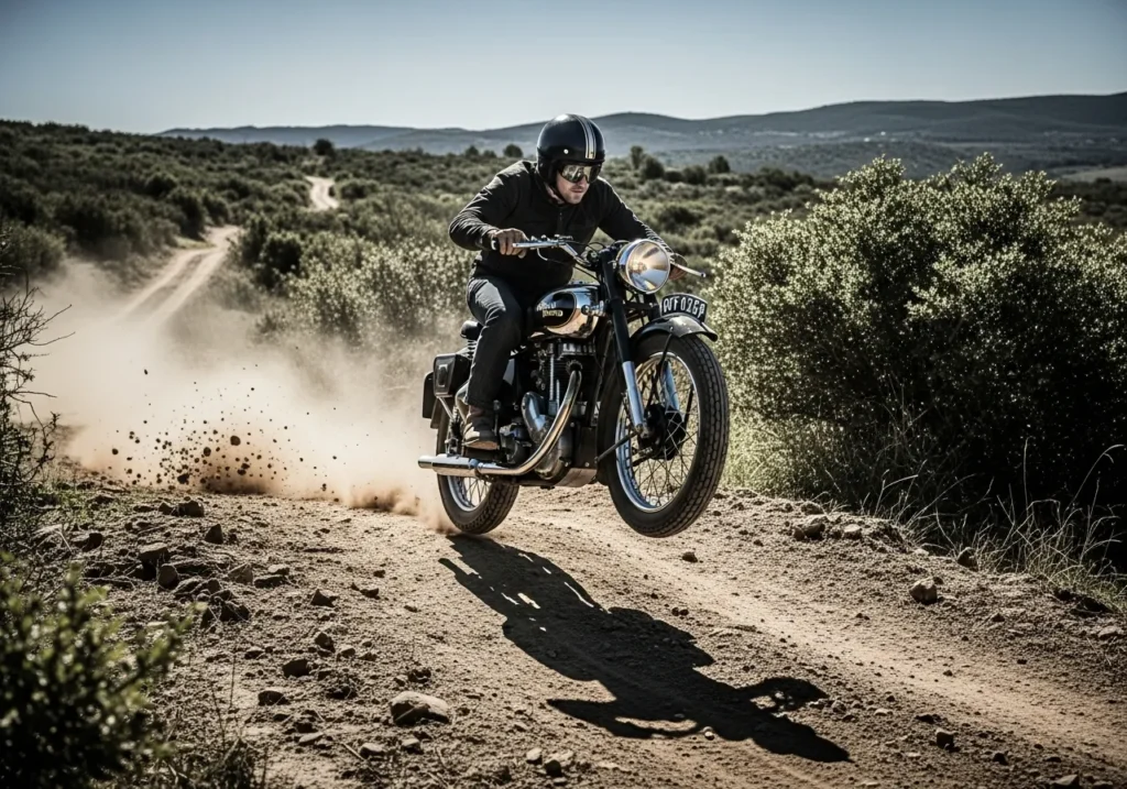 Rider jumping the Royal Enfield Flying Flea FF.S6 off a dirt mound
