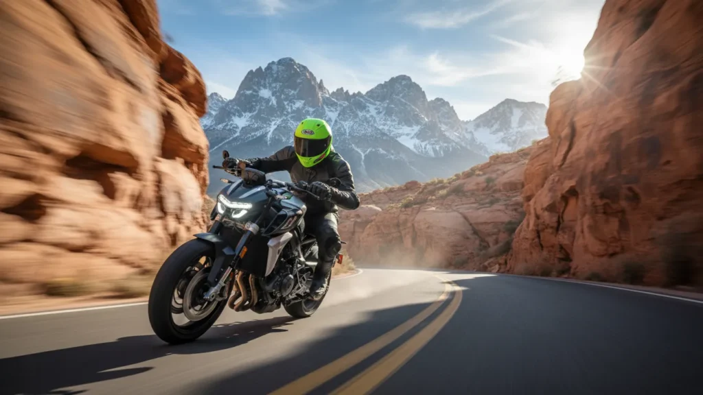 Rider leaning into canyon turn on a modern naked bike