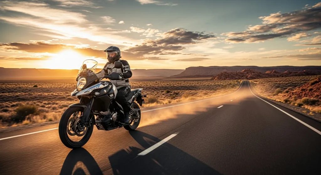 Rider on Suzuki V-Strom 800 cruising through desert highway