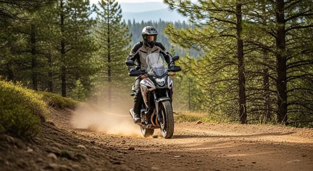 Rider on a 2026 Honda CB500X crossing a dirt trail surrounded by pine trees