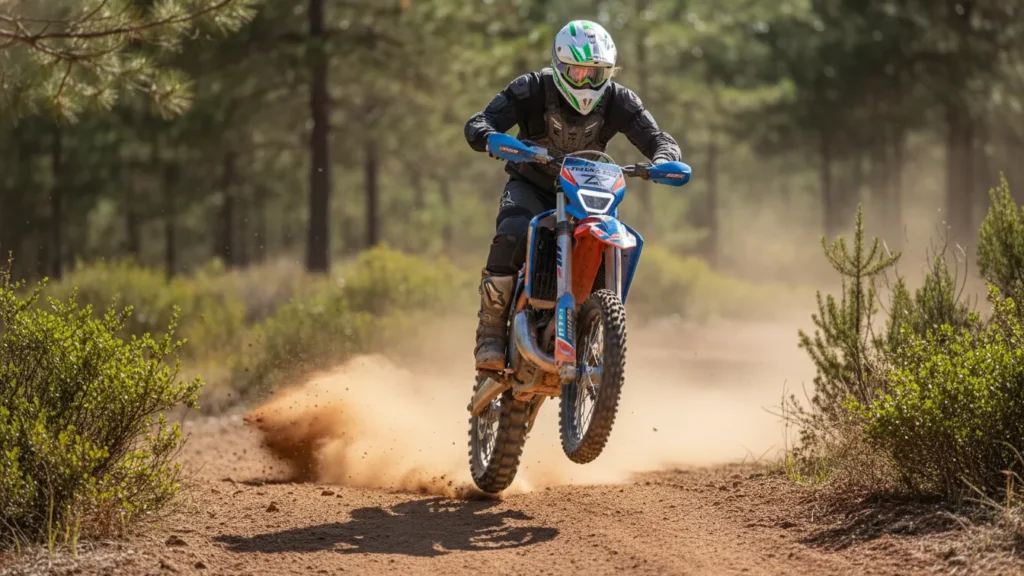 Rider on a 2026 beginner dirt bike jumping a small trail bump