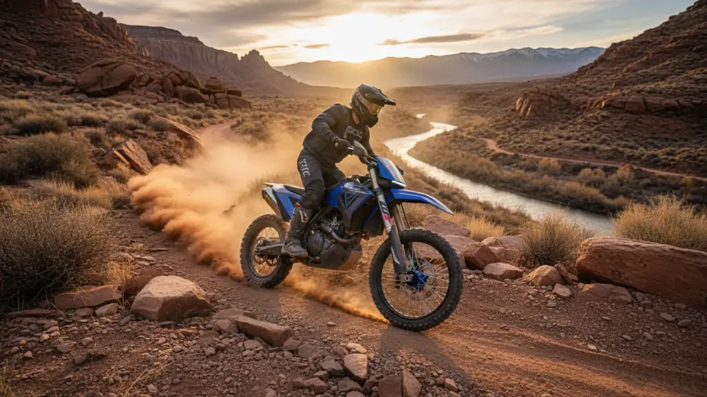 Rider on a dirt bike navigating a rugged USA trai
