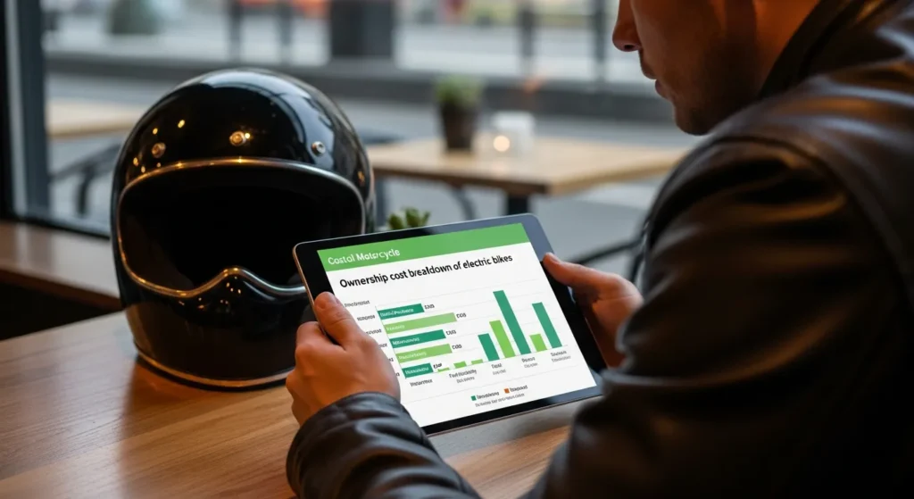 Rider reviewing cost comparison between electric and petrol motorcycles on a digital tablet