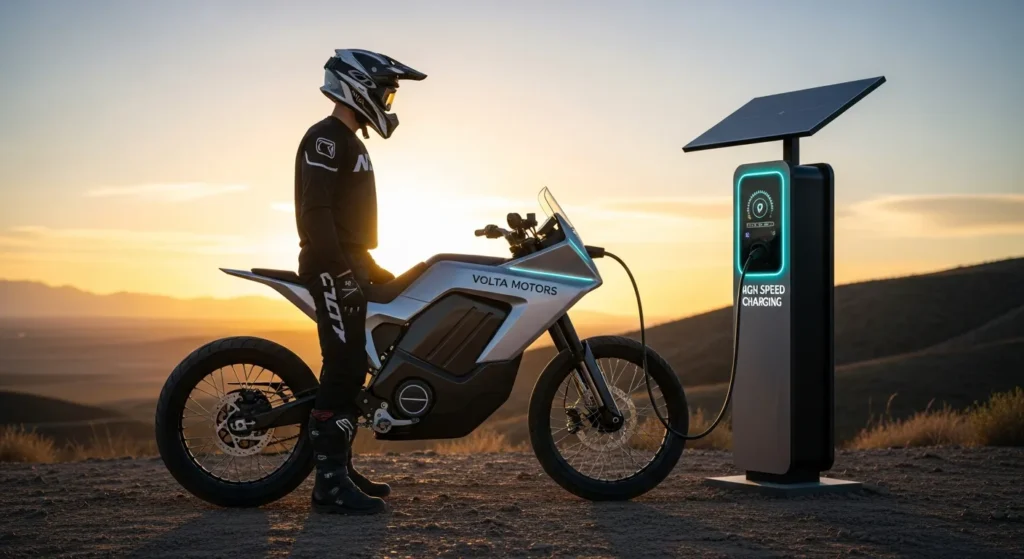 Rider standing beside an electric dirt bike plugged into a fast charger at sunset
