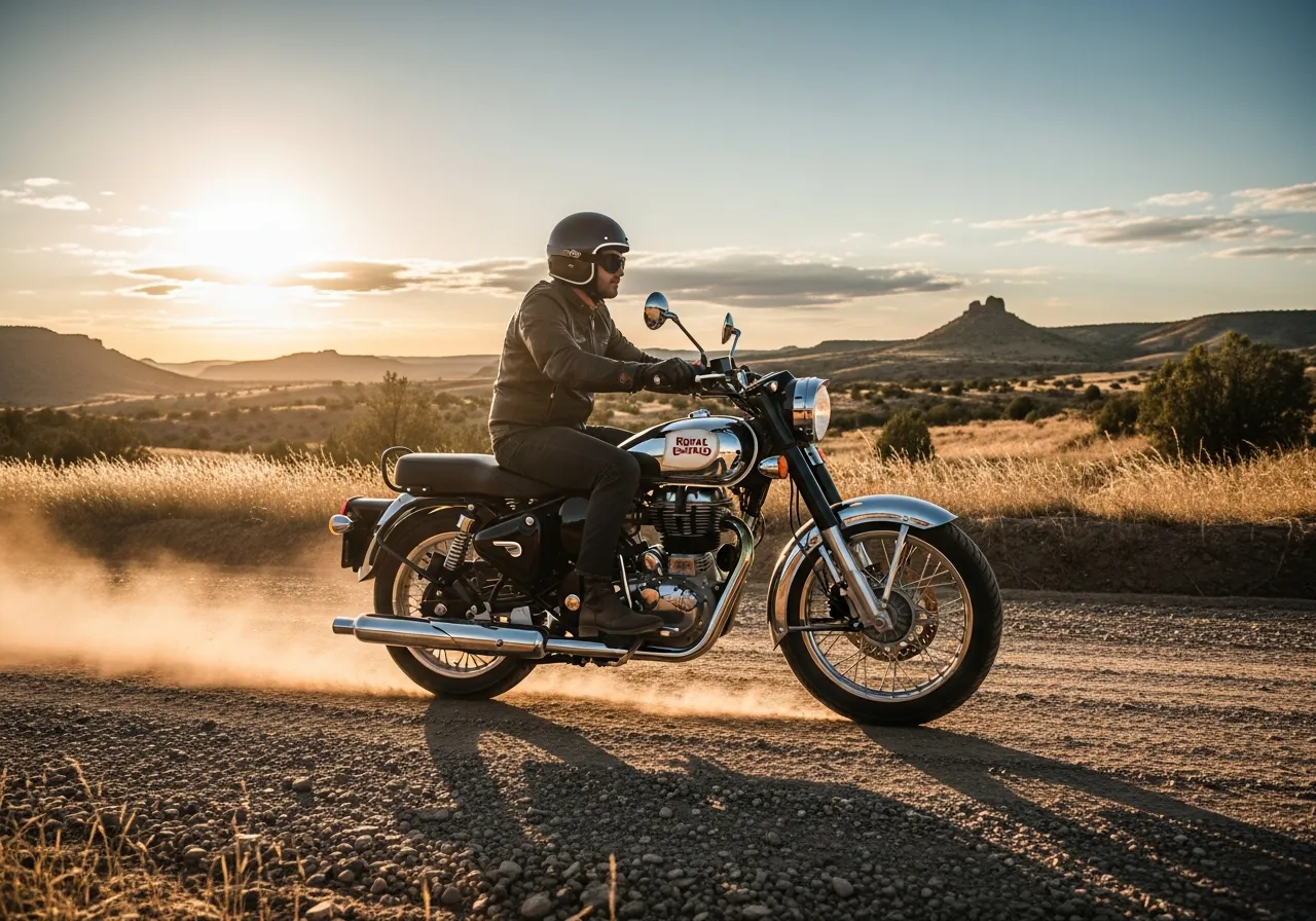 Royal Enfield Bullet 650 on a dusty American backroad