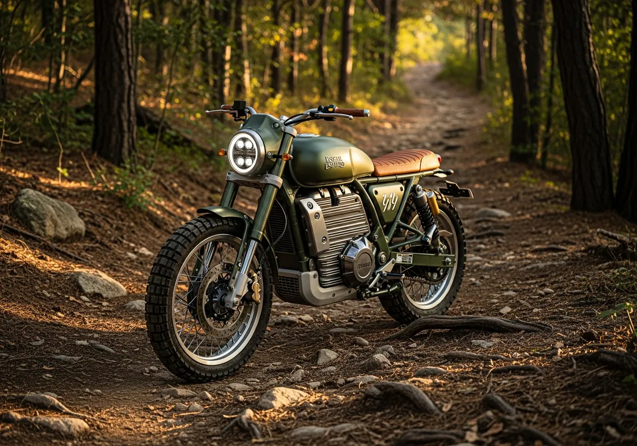 Royal Enfield Flying Flea FF.S6 electric scrambler on a forest trail
