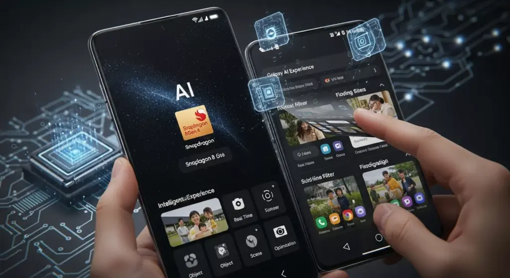 Samsung Galaxy S25 Edge in use, user scrolling through AI-powered camera app and multitasking interface, futuristic tech visuals in background