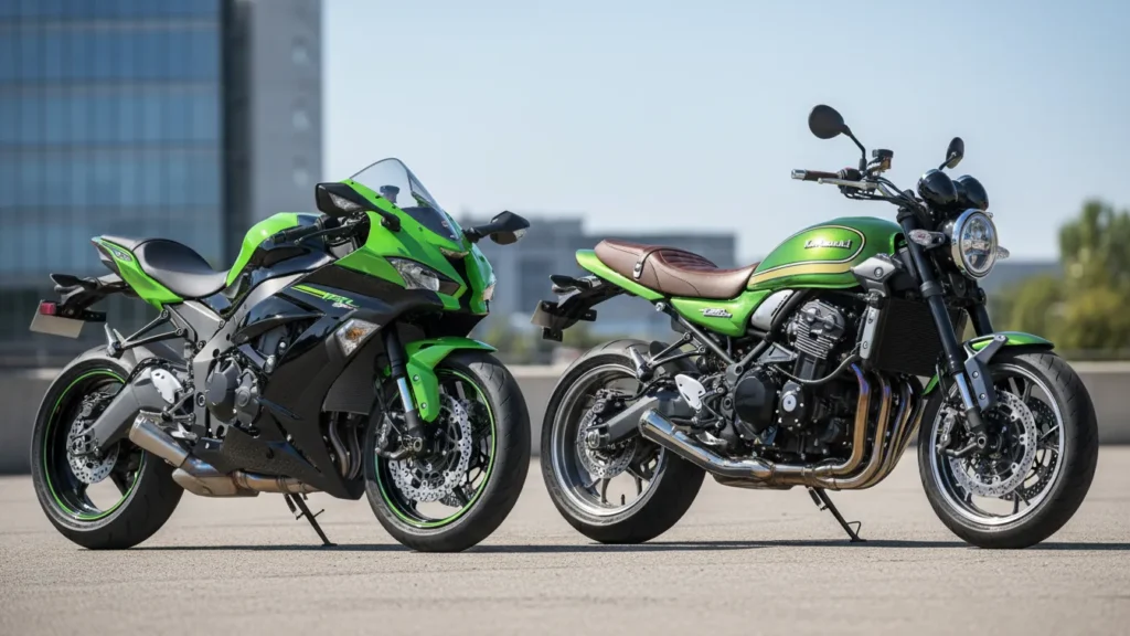 Side by side comparison ZX 10R and Z900RS parked together