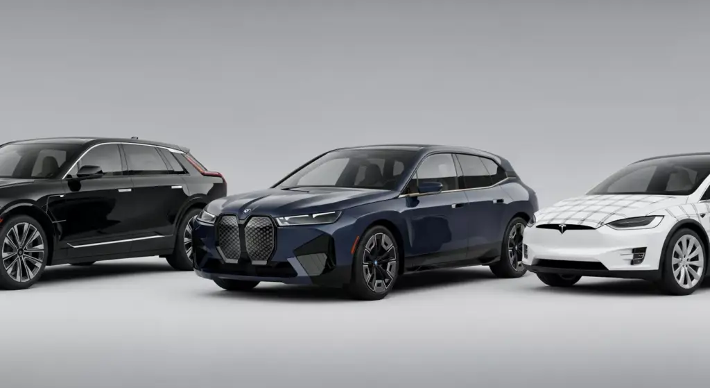 Side-by-side digital render of Cadillac Lyriq-V next to BMW iX M70 and Tesla Model X Plaid, neutral studio lighting, emphasis on design and stance differences.