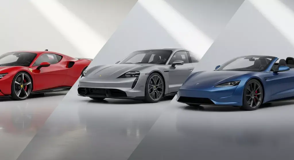 Side-by-side render of Ferrari Elettrica vs Porsche Taycan Turbo S or Tesla Roadster.