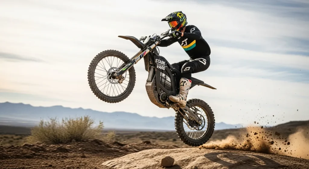 Stark Varg electric dirt bike leaping over a rocky trail